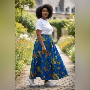 Handmade Vibrant Blue belted Patterned Women's maxi Skirt size 0/S